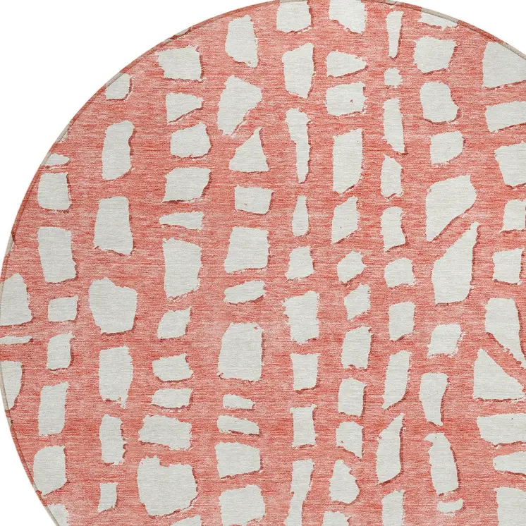 8' Salmon And Ivory Round Abstract Washable Indoor Outdoor Area Rug