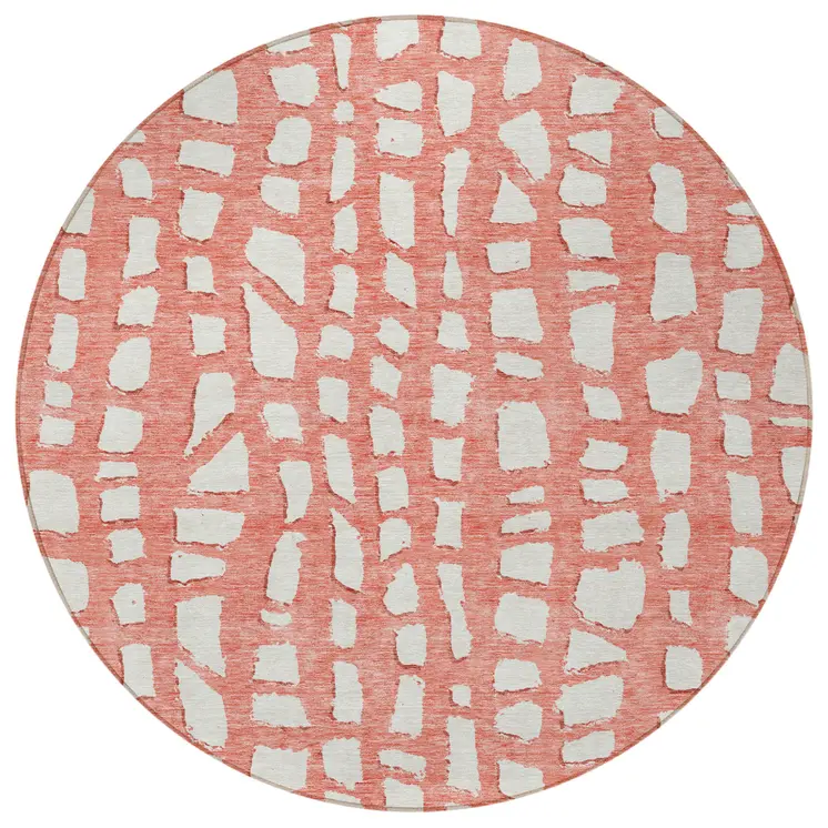 8' Salmon And Ivory Round Abstract Washable Indoor Outdoor Area Rug