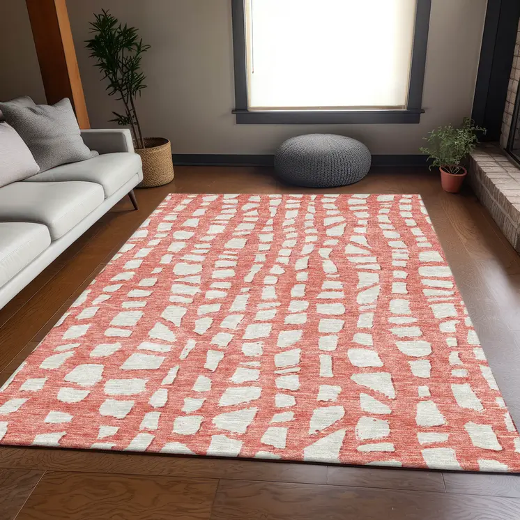 10' X 14' Salmon And Ivory Abstract Washable Indoor Outdoor Area Rug