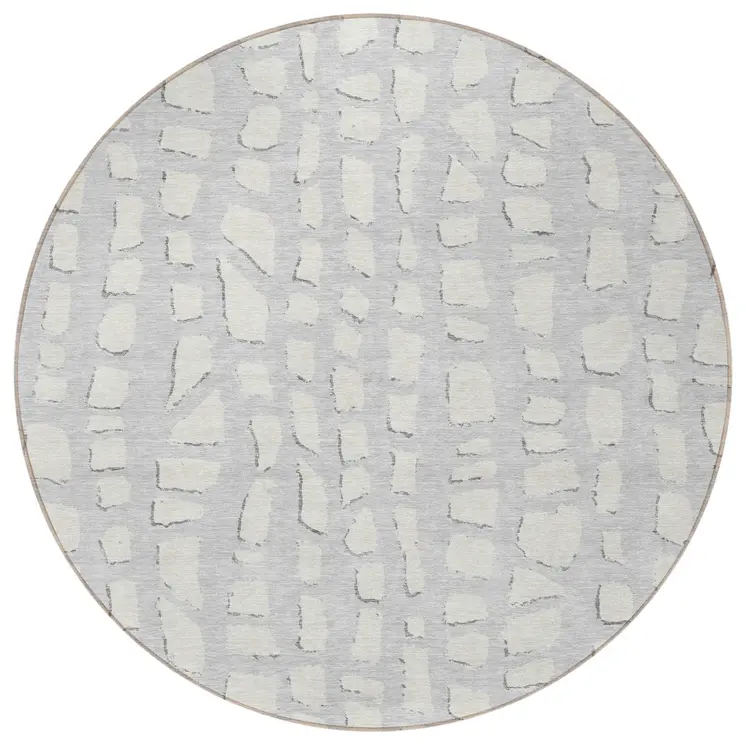 8' Silver And Ivory Round Abstract Washable Indoor Outdoor Area Rug