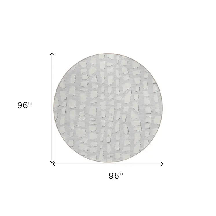 8' Silver And Ivory Round Abstract Washable Indoor Outdoor Area Rug