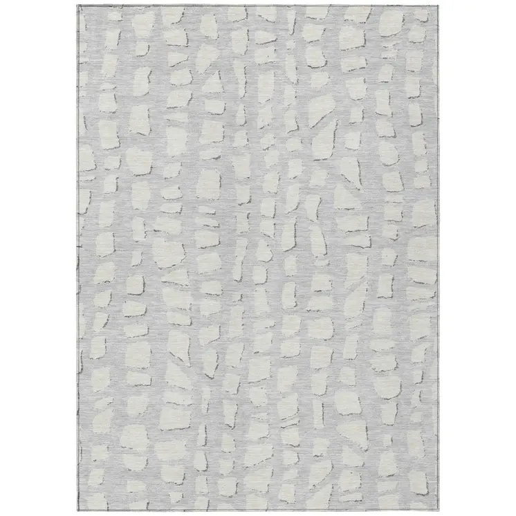 9' X 12' Silver And Ivory Abstract Washable Indoor Outdoor Area Rug