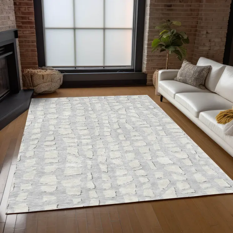 9' X 12' Silver And Ivory Abstract Washable Indoor Outdoor Area Rug