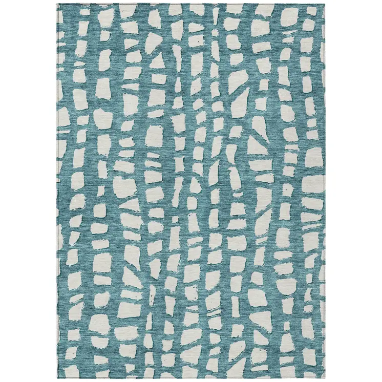 3' X 5' Teal Blue And Ivory Abstract Washable Indoor Outdoor Area Rug