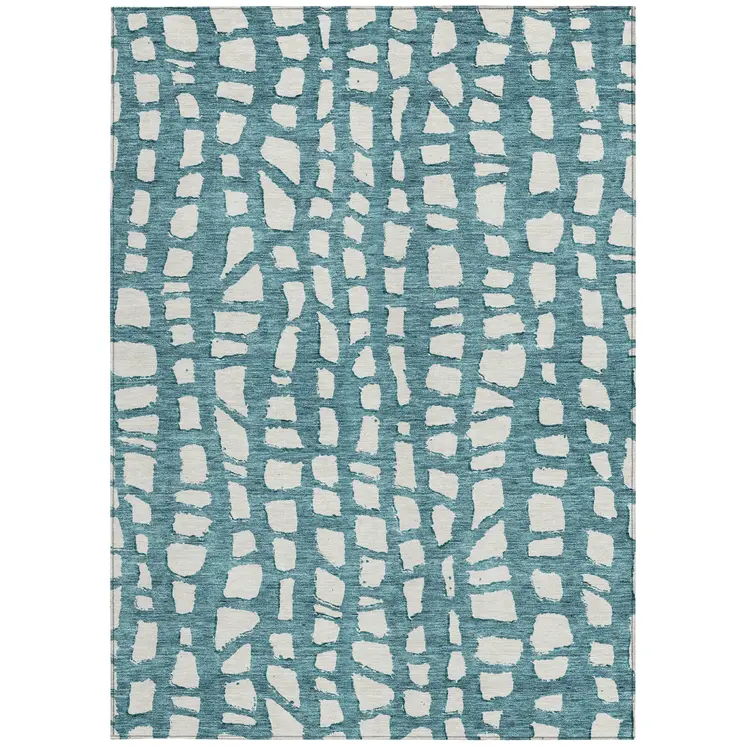 5' X 8' Teal Blue And Ivory Abstract Washable Indoor Outdoor Area Rug