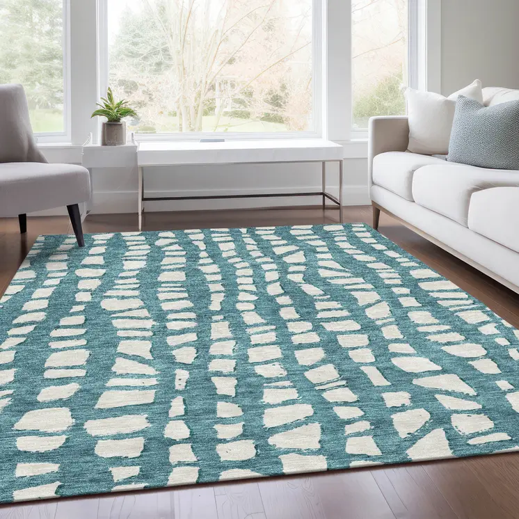 5' X 8' Teal Blue And Ivory Abstract Washable Indoor Outdoor Area Rug