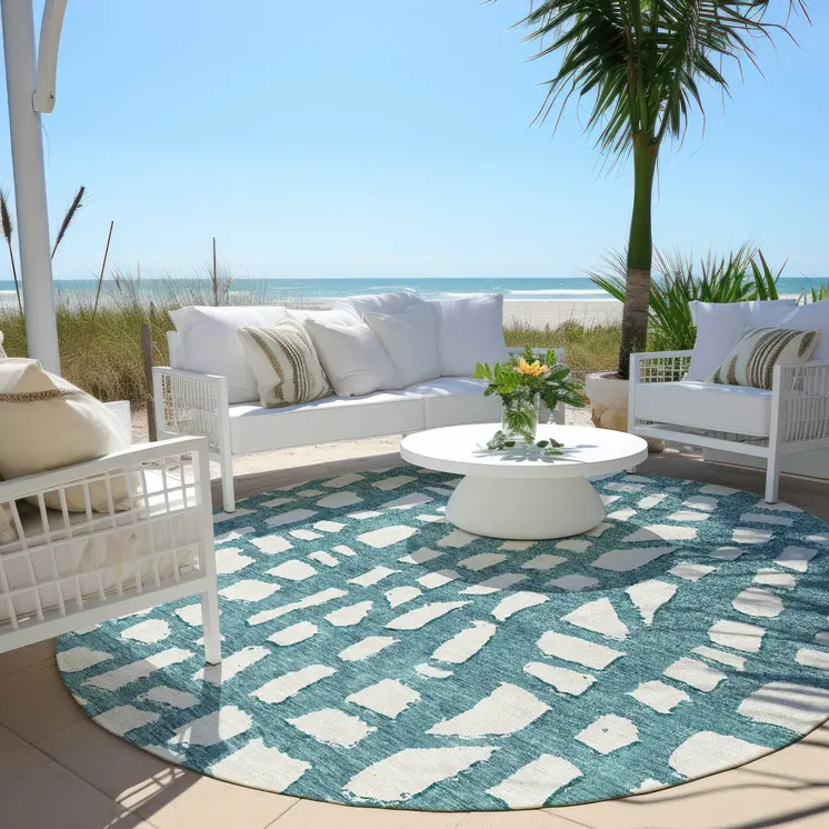 8' Teal Blue And Ivory Round Abstract Washable Indoor Outdoor Area Rug