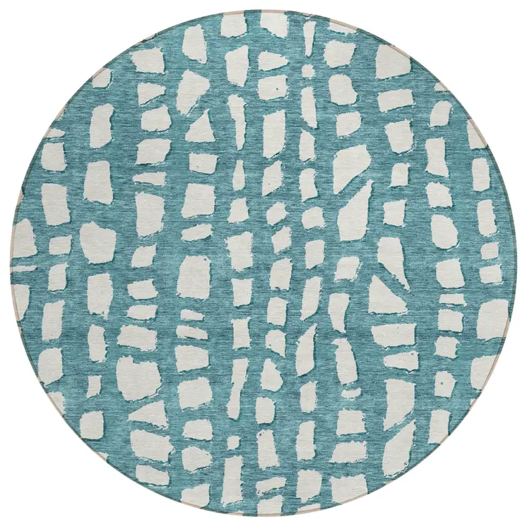 8' Teal Blue And Ivory Round Abstract Washable Indoor Outdoor Area Rug