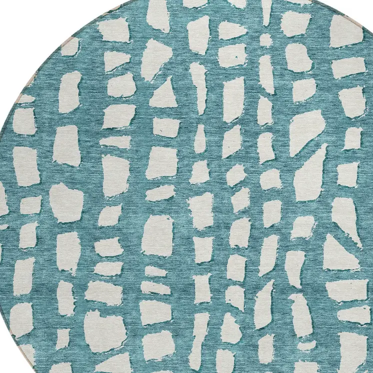 8' Teal Blue And Ivory Round Abstract Washable Indoor Outdoor Area Rug