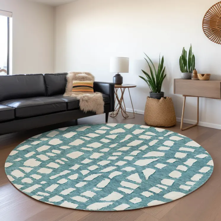 8' Teal Blue And Ivory Round Abstract Washable Indoor Outdoor Area Rug