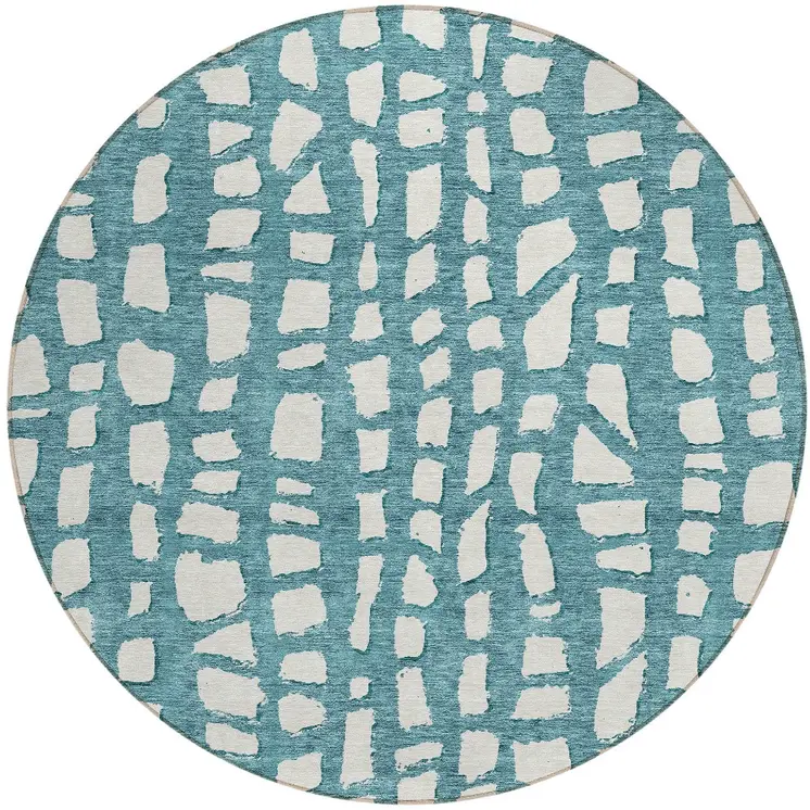 8' Teal Blue And Ivory Round Abstract Washable Indoor Outdoor Area Rug
