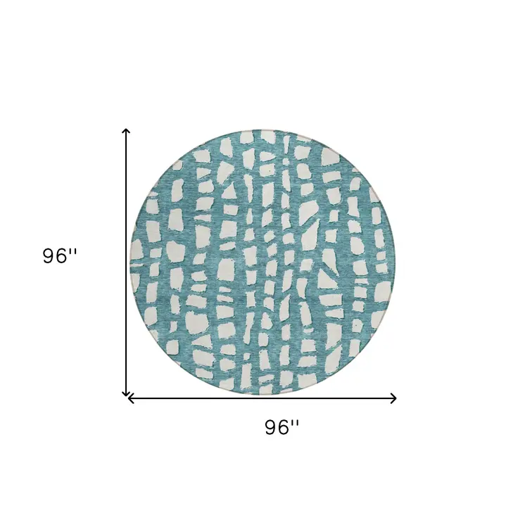 8' Teal Blue And Ivory Round Abstract Washable Indoor Outdoor Area Rug