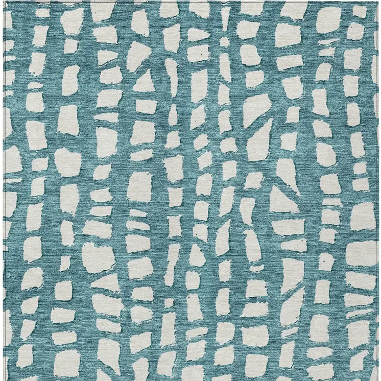 10' X 14' Teal Blue And Ivory Abstract Washable Indoor Outdoor Area Rug