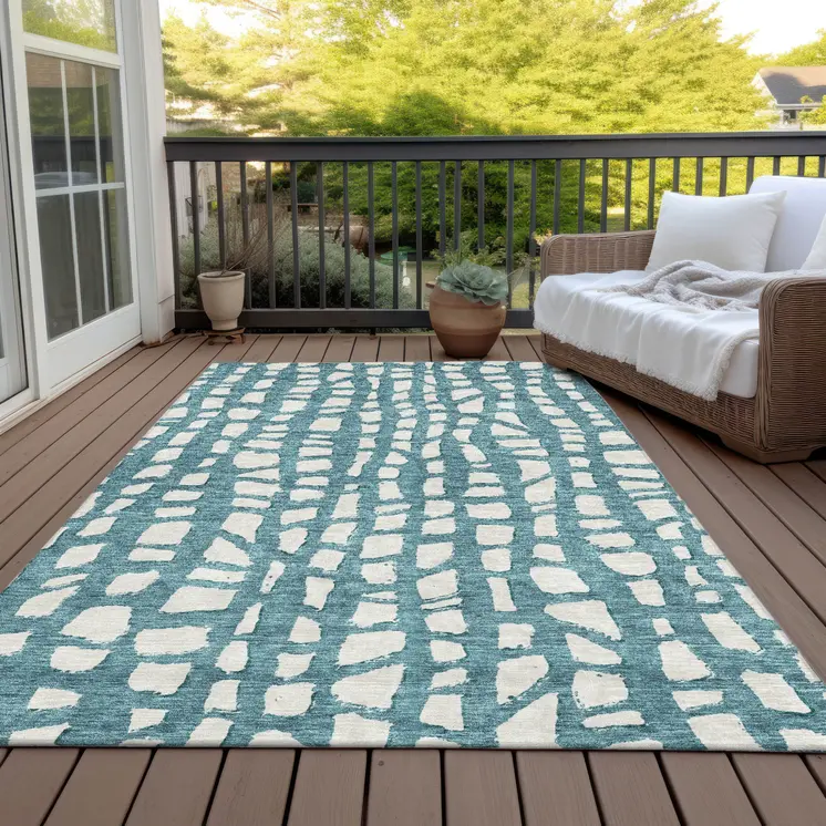10' X 14' Teal Blue And Ivory Abstract Washable Indoor Outdoor Area Rug
