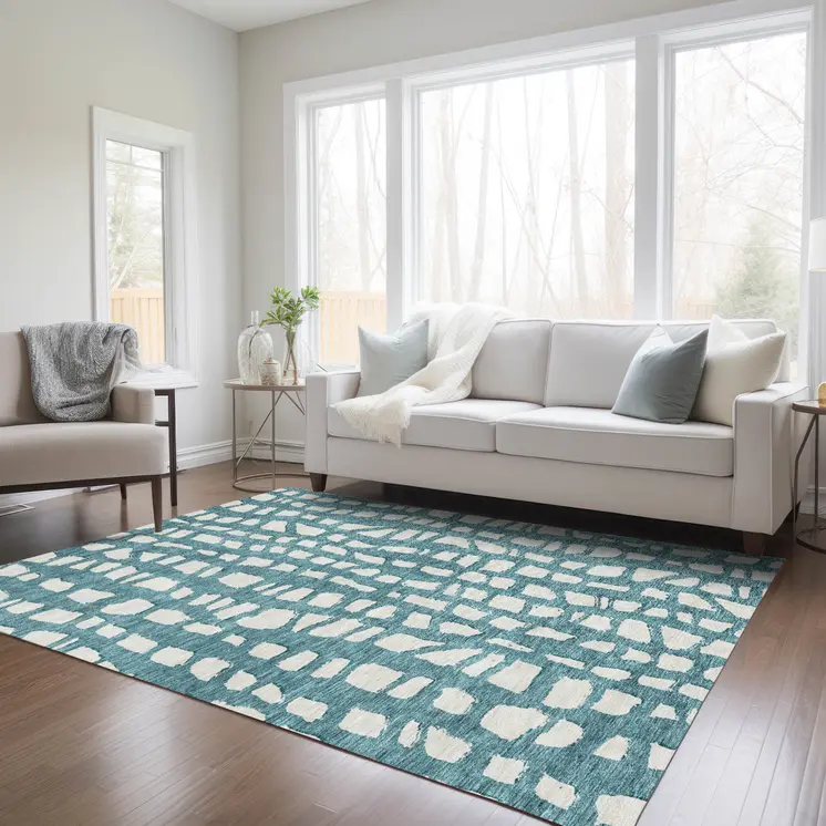 10' X 14' Teal Blue And Ivory Abstract Washable Indoor Outdoor Area Rug