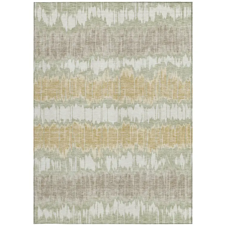 3' X 5' Artichoke Green Ivory And Gold Striped Washable Indoor Outdoor Area Rug