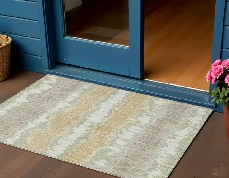 3' X 5' Artichoke Green Ivory And Gold Striped Washable Indoor Outdoor Area Rug