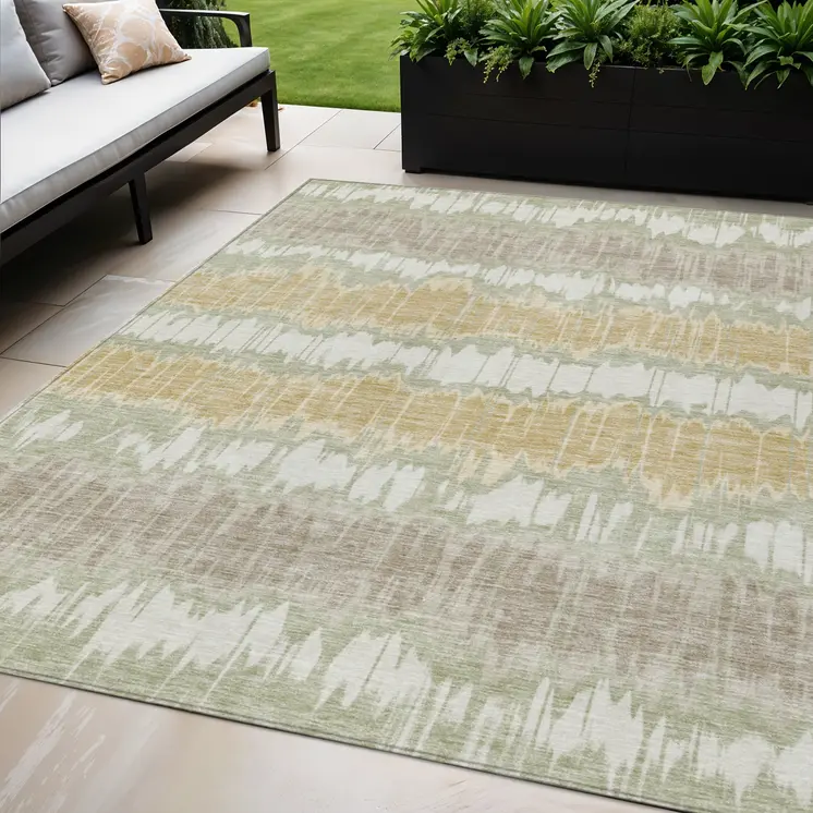 5' X 8' Artichoke Green Ivory And Gold Striped Washable Indoor Outdoor Area Rug