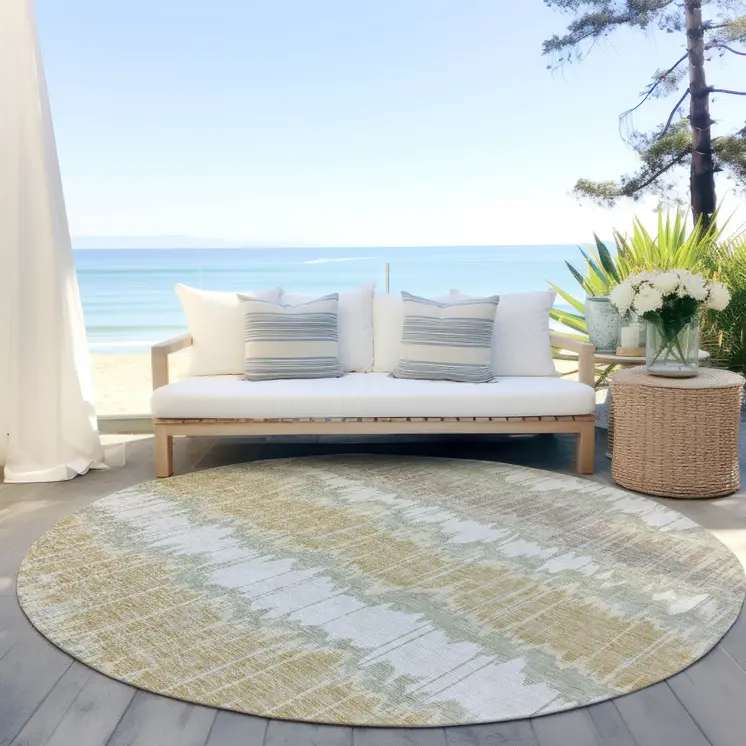 8' Artichoke Green Ivory And Gold Round Striped Washable Indoor Outdoor Area Rug