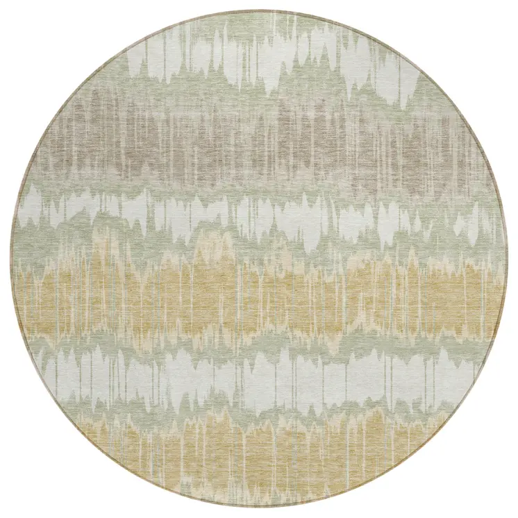 8' Artichoke Green Ivory And Gold Round Striped Washable Indoor Outdoor Area Rug