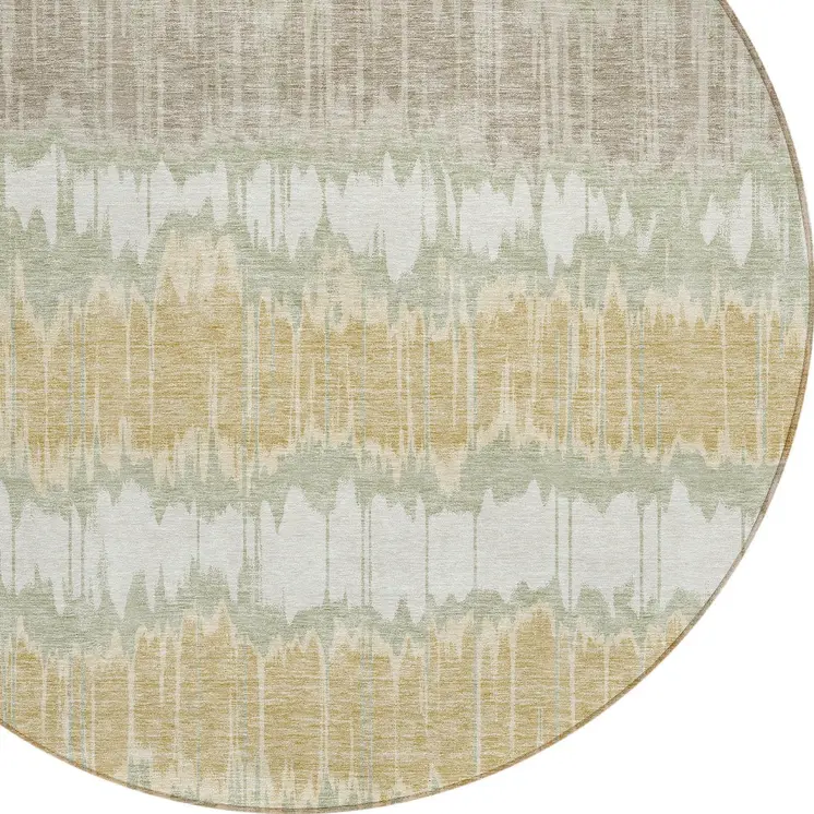 8' Artichoke Green Ivory And Gold Round Striped Washable Indoor Outdoor Area Rug