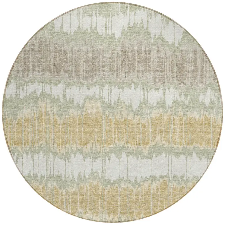 8' Artichoke Green Ivory And Gold Round Striped Washable Indoor Outdoor Area Rug