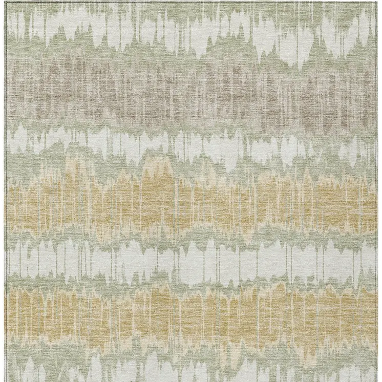10' X 14' Artichoke Green Ivory And Gold Striped Washable Indoor Outdoor Area Rug