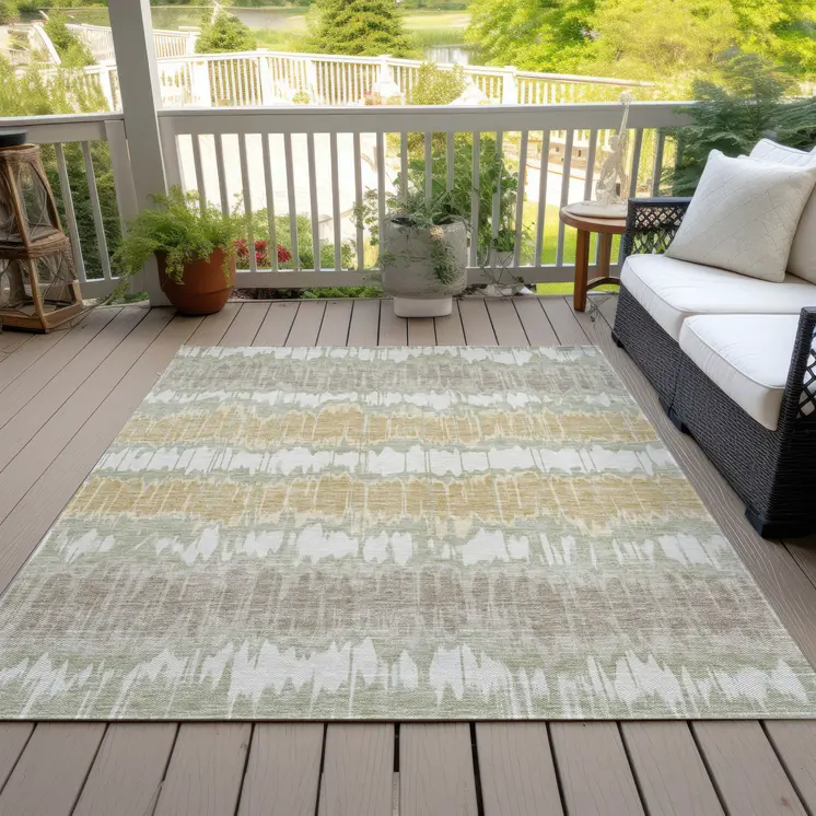 10' X 14' Artichoke Green Ivory And Gold Striped Washable Indoor Outdoor Area Rug