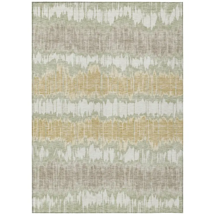 10' X 14' Artichoke Green Ivory And Gold Striped Washable Indoor Outdoor Area Rug