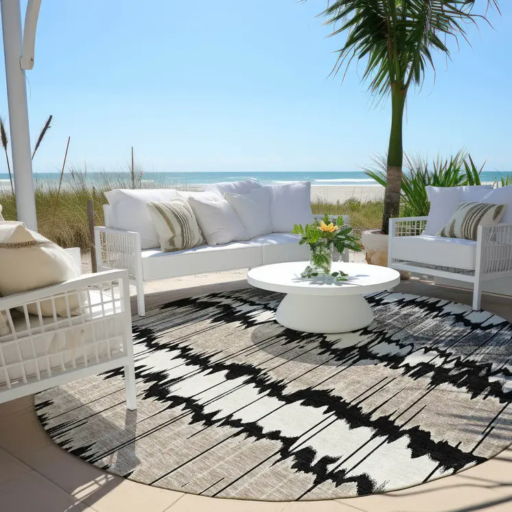 8' Black Silver And Gray Round Striped Washable Indoor Outdoor Area Rug