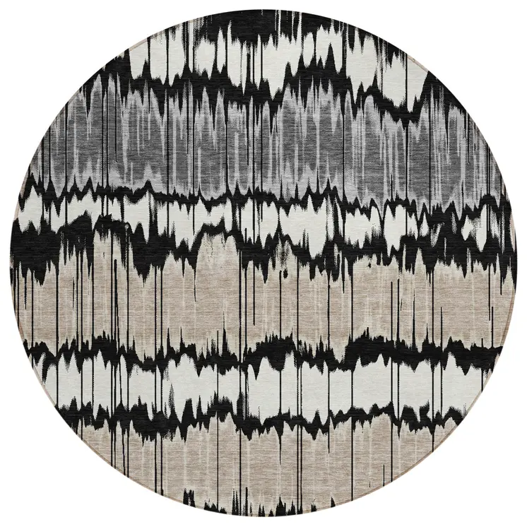 8' Black Silver And Gray Round Striped Washable Indoor Outdoor Area Rug