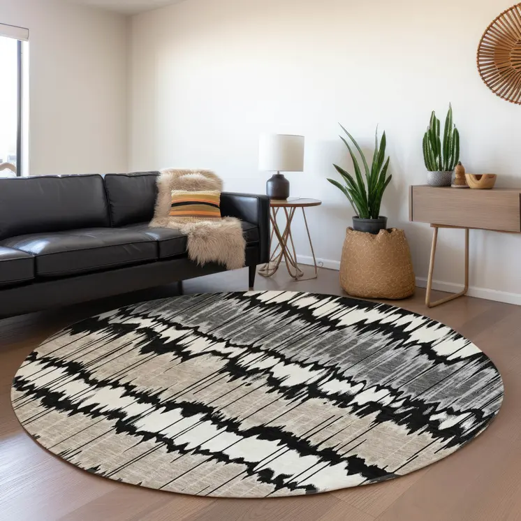 8' Black Silver And Gray Round Striped Washable Indoor Outdoor Area Rug