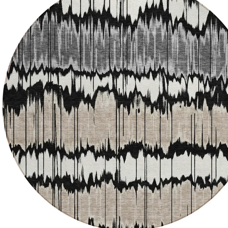 8' Black Silver And Gray Round Striped Washable Indoor Outdoor Area Rug