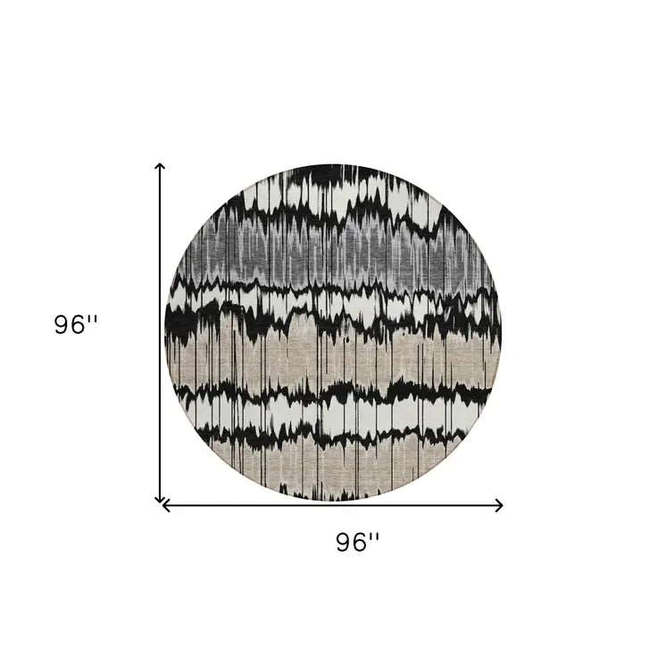 8' Black Silver And Gray Round Striped Washable Indoor Outdoor Area Rug