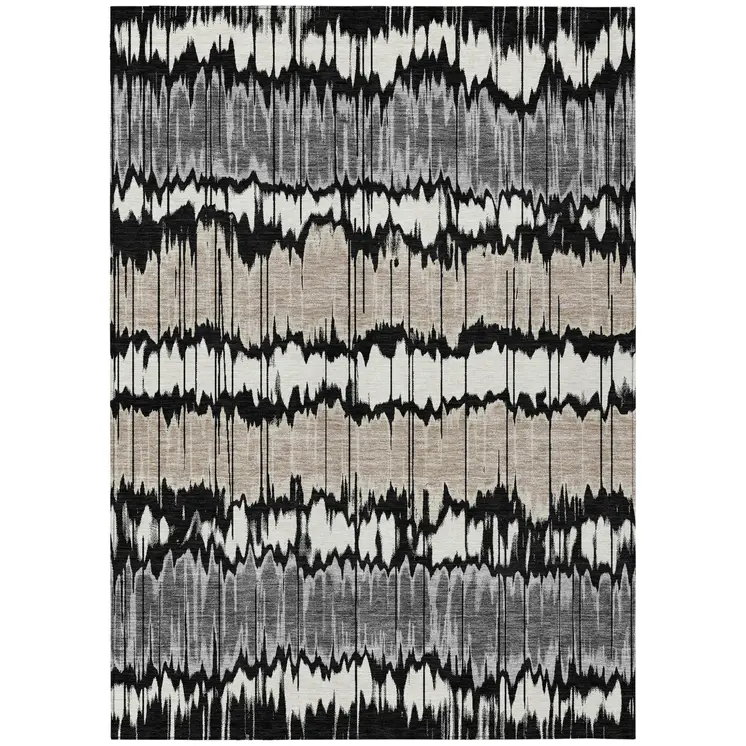9' X 12' Black Silver And Gray Striped Washable Indoor Outdoor Area Rug