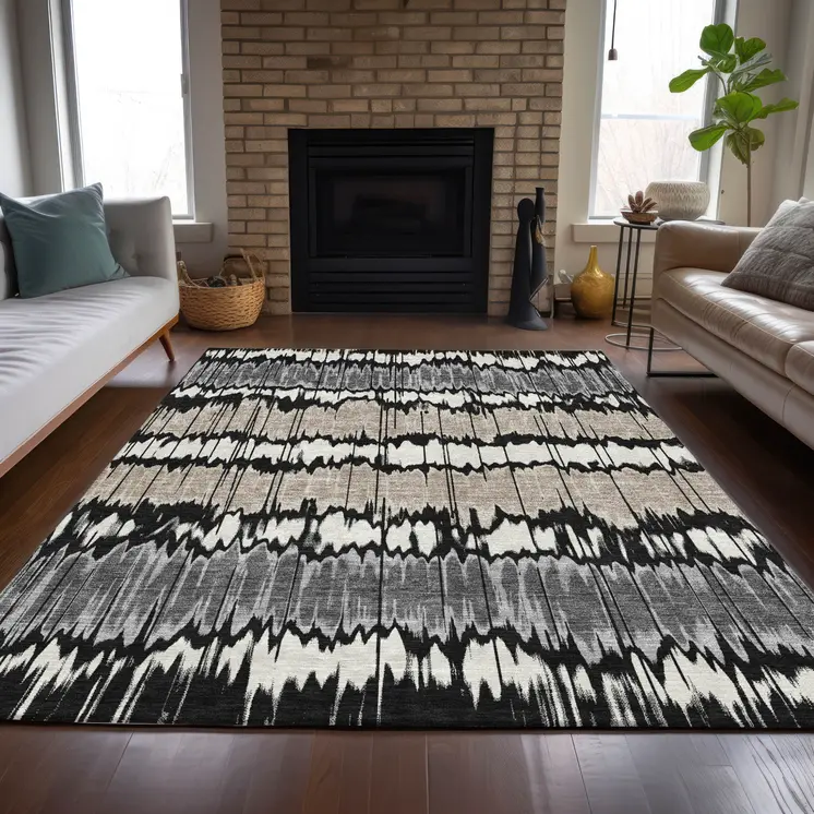 9' X 12' Black Silver And Gray Striped Washable Indoor Outdoor Area Rug