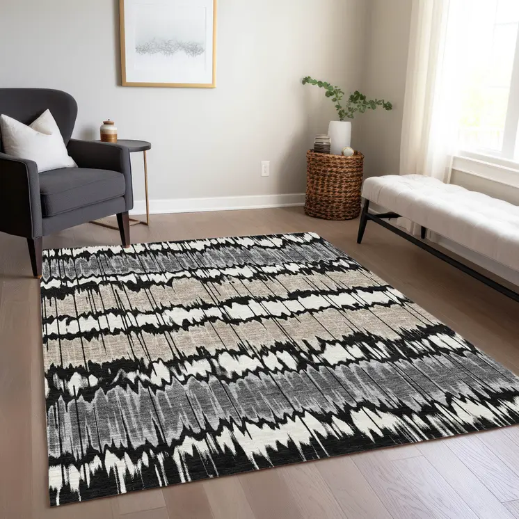 9' X 12' Black Silver And Gray Striped Washable Indoor Outdoor Area Rug