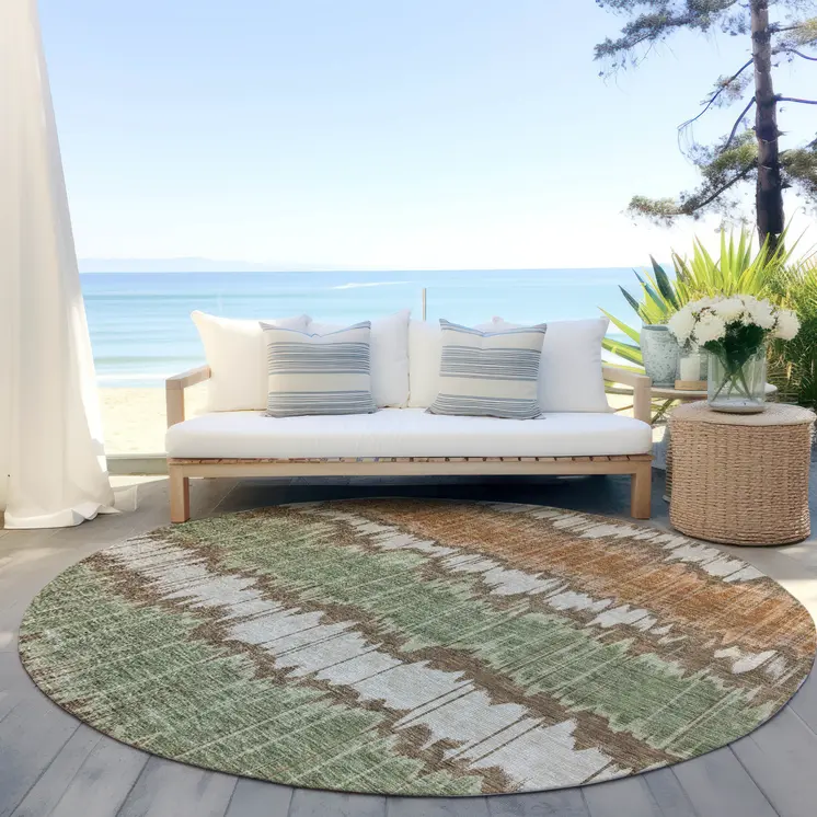 8' Chocolate Copper And Green Round Striped Washable Indoor Outdoor Area Rug