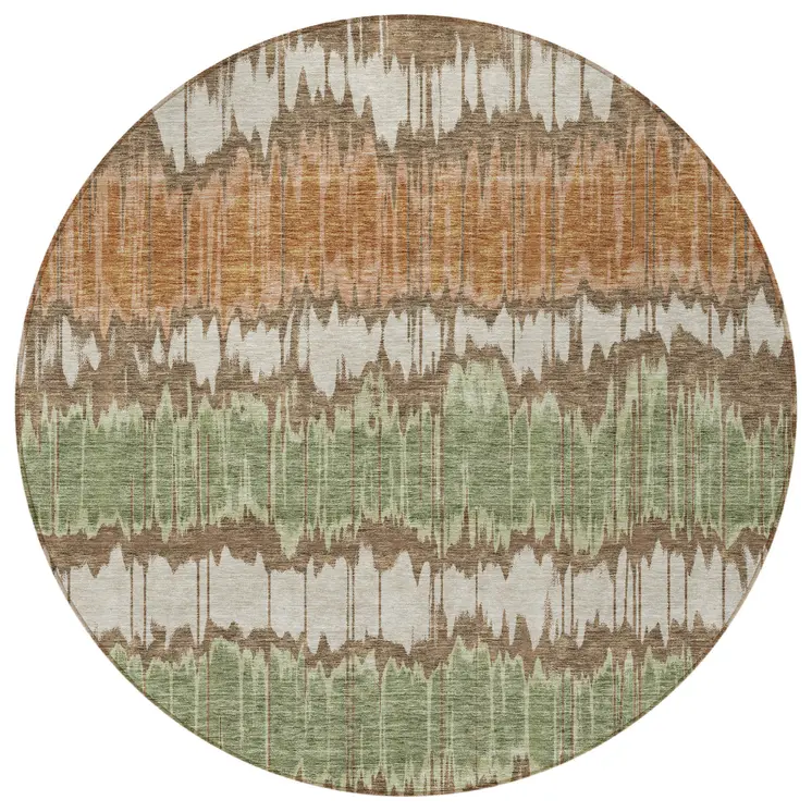8' Chocolate Copper And Green Round Striped Washable Indoor Outdoor Area Rug