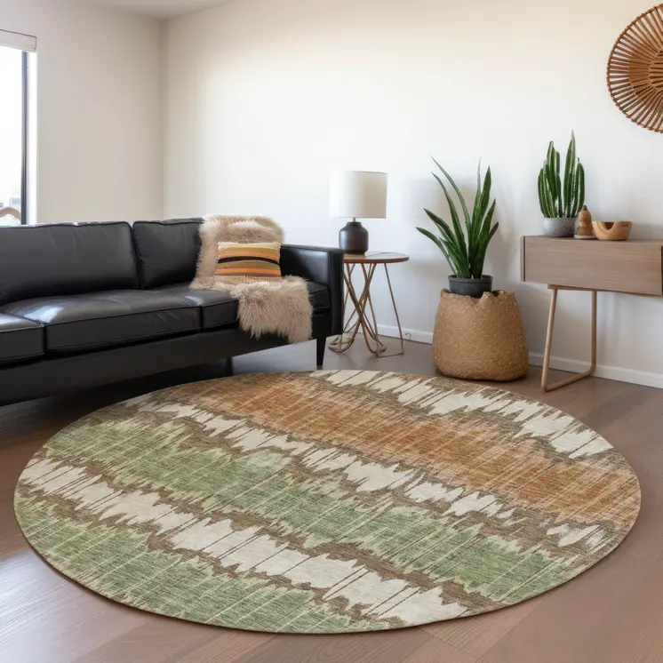 8' Chocolate Copper And Green Round Striped Washable Indoor Outdoor Area Rug