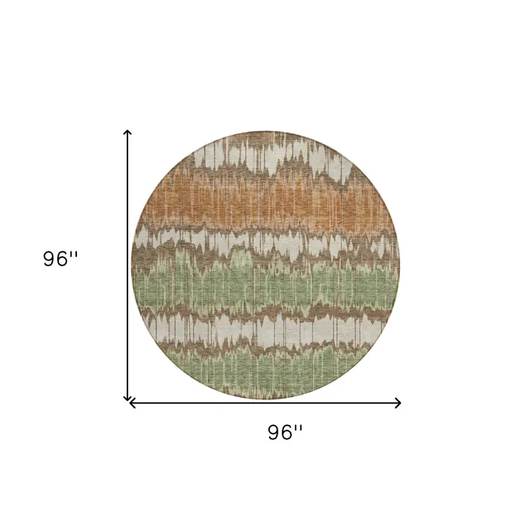 8' Chocolate Copper And Green Round Striped Washable Indoor Outdoor Area Rug