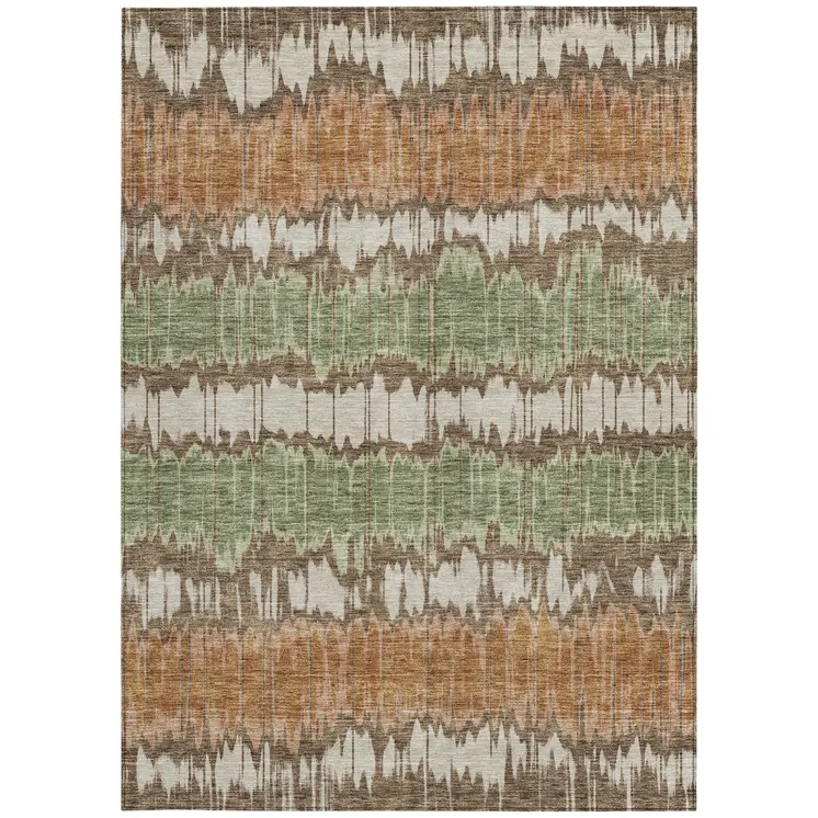 8' X 10' Chocolate Copper And Green Striped Washable Indoor Outdoor Area Rug