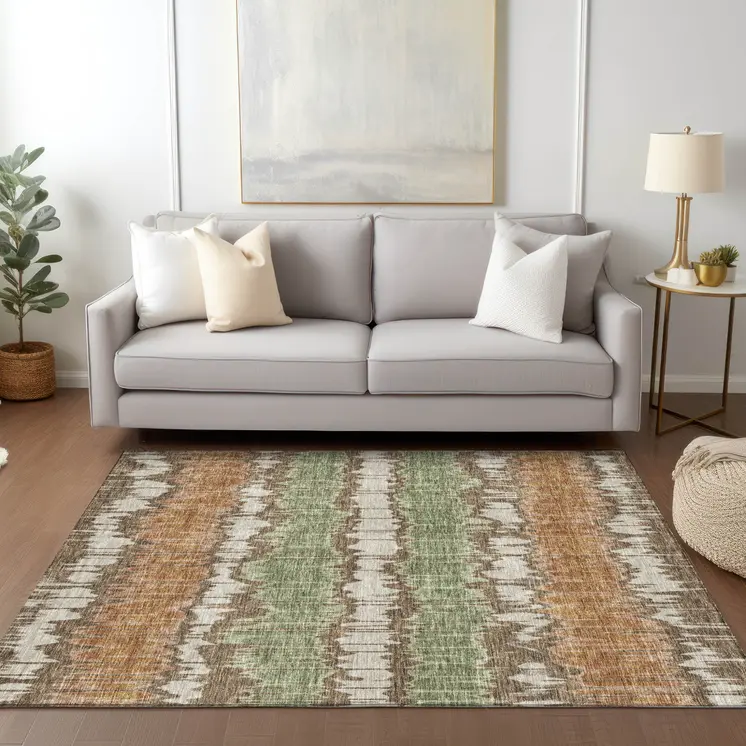 8' X 10' Chocolate Copper And Green Striped Washable Indoor Outdoor Area Rug