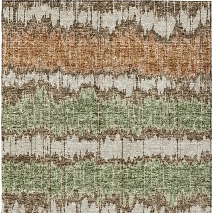 9' X 12' Chocolate Copper And Green Striped Washable Indoor Outdoor Area Rug
