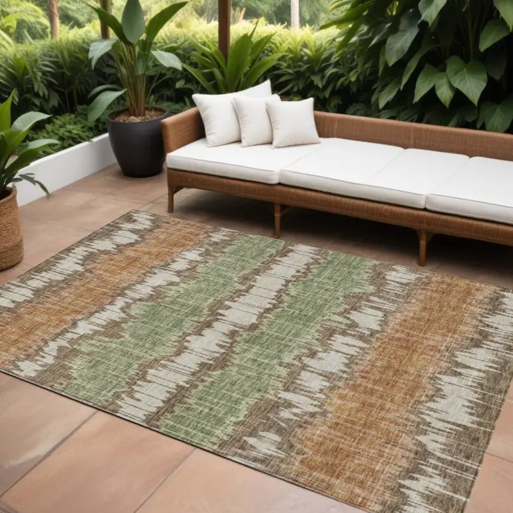 9' X 12' Chocolate Copper And Green Striped Washable Indoor Outdoor Area Rug