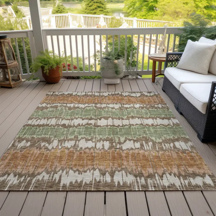 9' X 12' Chocolate Copper And Green Striped Washable Indoor Outdoor Area Rug