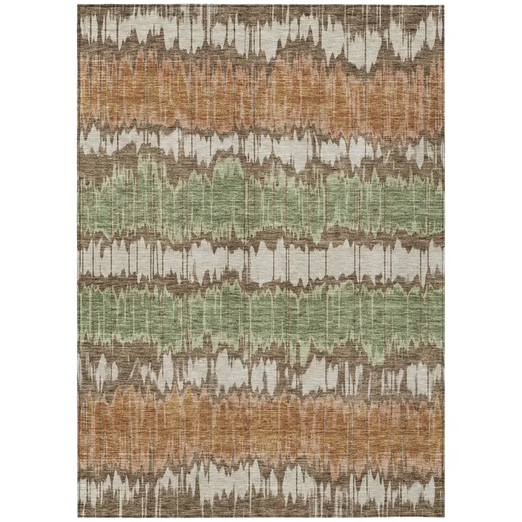 9' X 12' Chocolate Copper And Green Striped Washable Indoor Outdoor Area Rug
