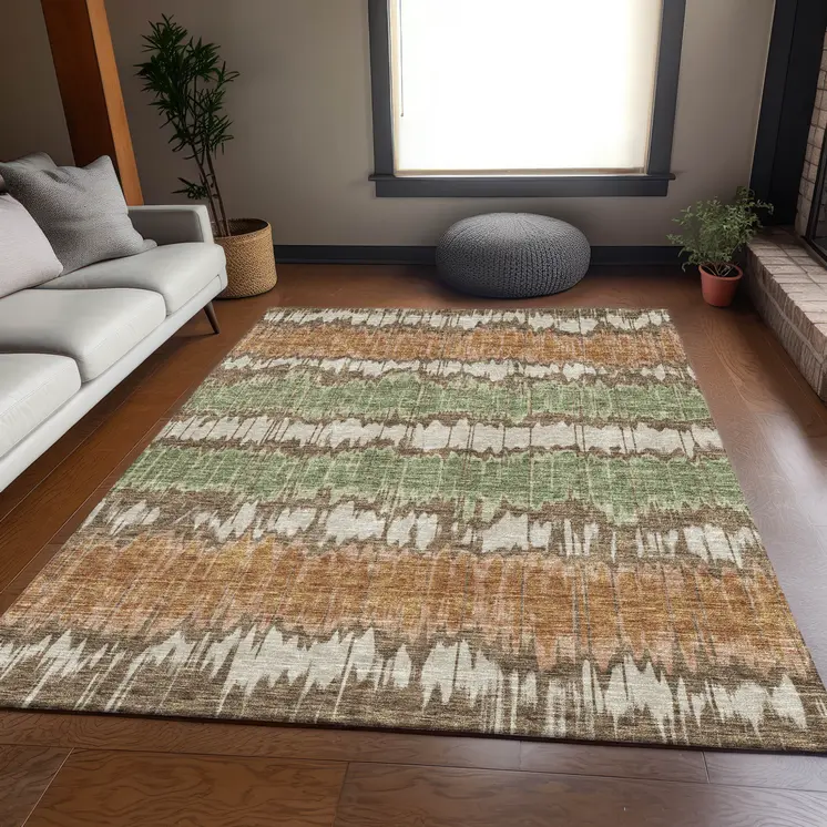 9' X 12' Chocolate Copper And Green Striped Washable Indoor Outdoor Area Rug