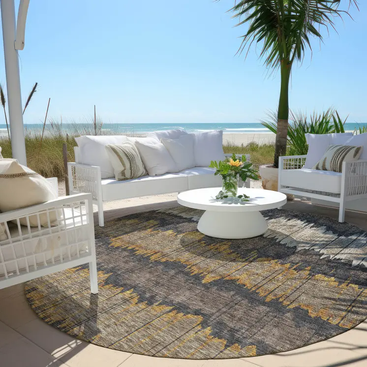 8' Brown And Taupe Round Striped Washable Indoor Outdoor Area Rug