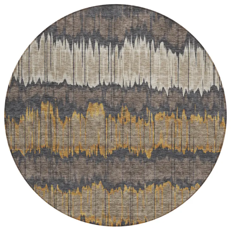 8' Brown And Taupe Round Striped Washable Indoor Outdoor Area Rug